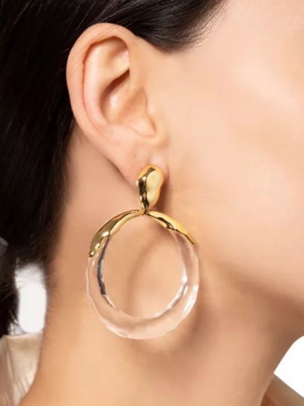 NEW Alexis Bittar Molten Large Drop Hoop Earrings Lucite Gold Clear JN28